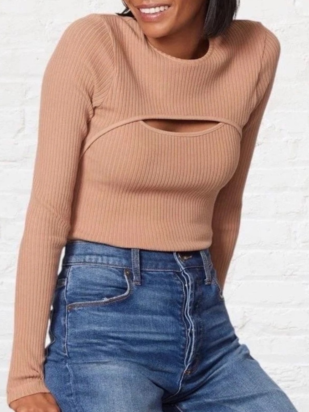 NEW AGOLDE lyza ribbed cotton cut - out top in pantyhose